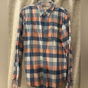 Hollister Men's Blue, Peach & White Plaid Button-Down Shirt